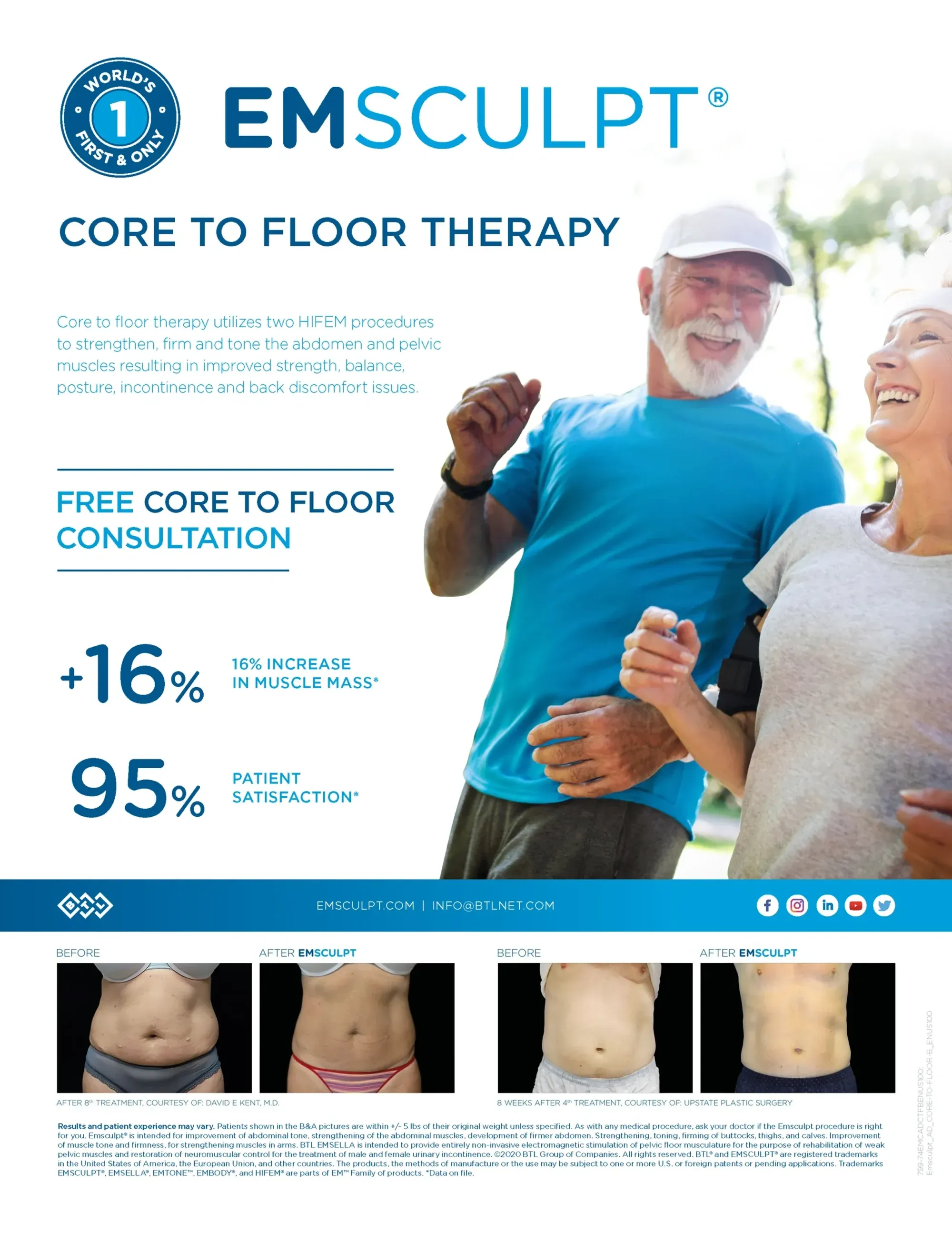 Emsculpt Core to Floor Therapy — two HIFEM procedures strengthen, firm, and tone the abdomen and pelvic muscles; 16% increase in muscle mass and 95% patient satisfaction. Individual results vary.