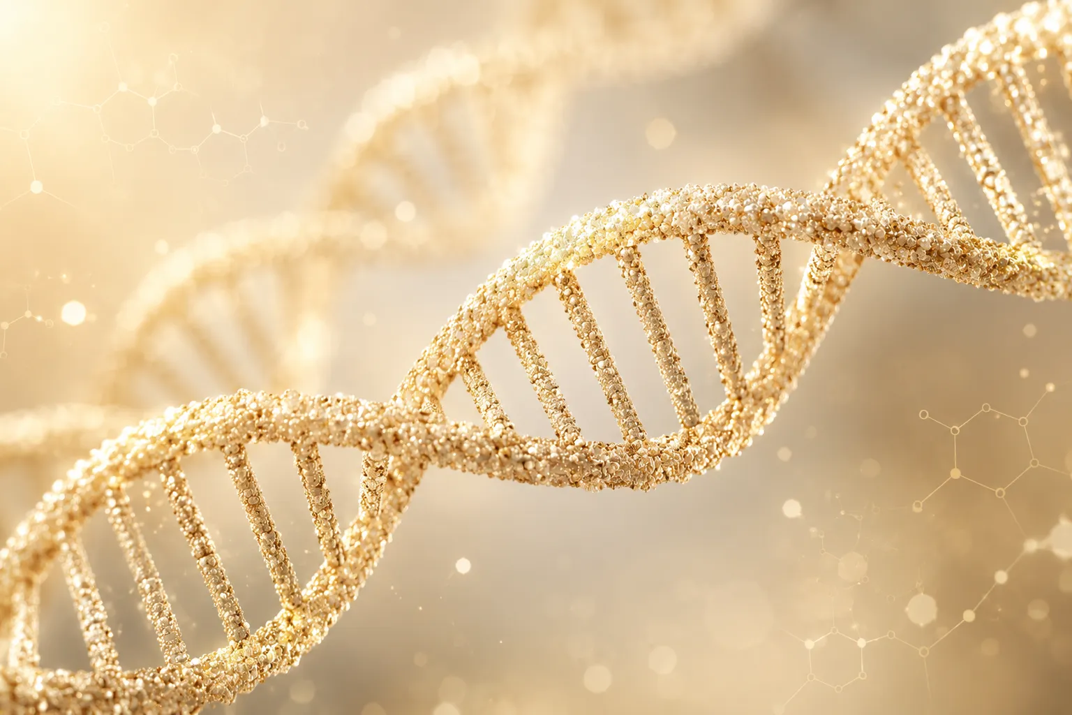 A golden DNA double helix glowing against a soft cream background