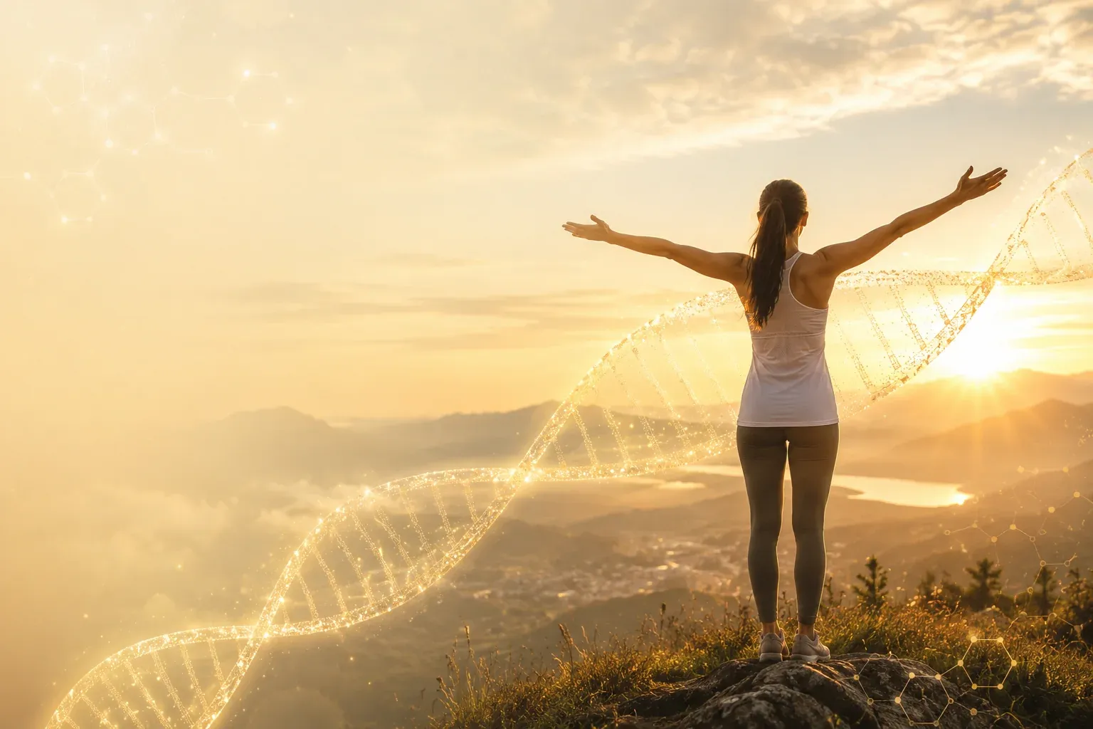 A woman stands on a hilltop at sunrise with her arms stretched wide over a valley, a luminous DNA helix winding through the light