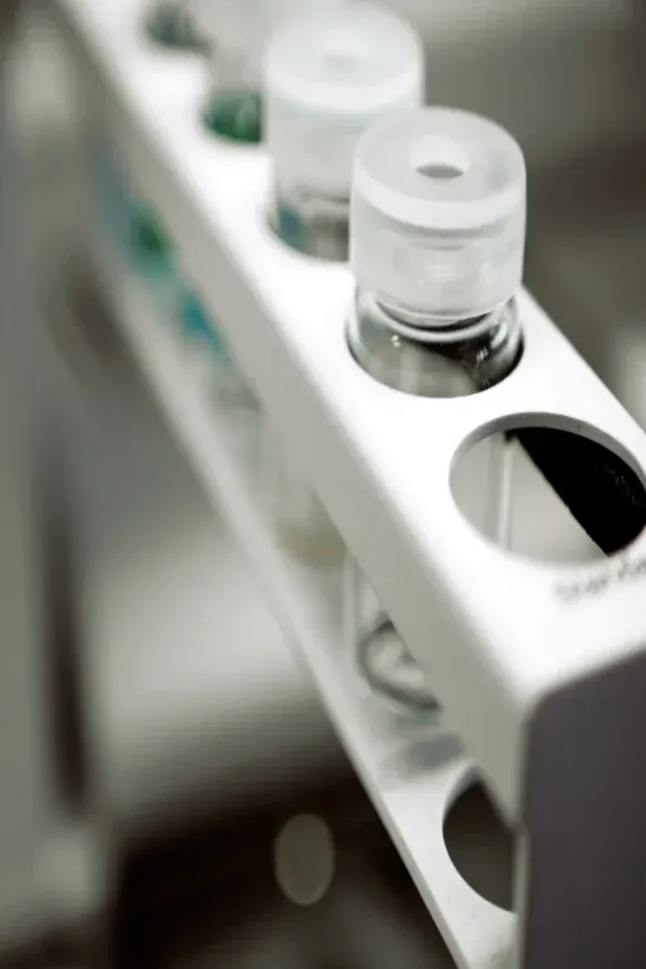 Clear glass hormone vials with rubber-stoppered caps standing in a white lab rack